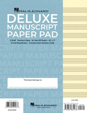 Manuscript Paper Notepad: Hal Leonard, Deluxe Pad (Blue Cover) 64pgs, 12 stave, (8.5"x11") Fan Favorite