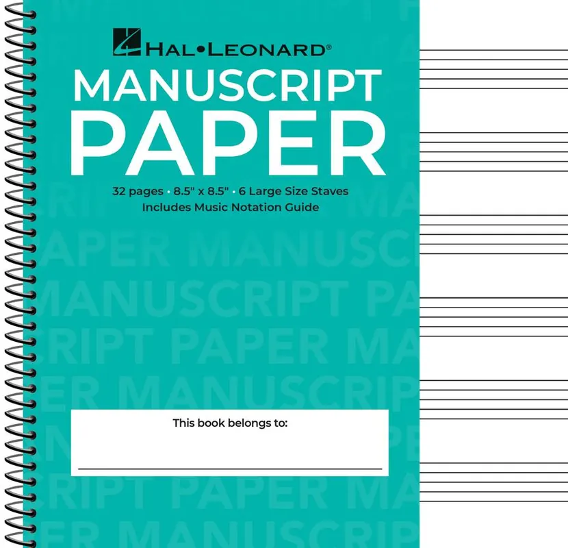 Manuscript Paper Wire-Bound: Hal Leonard (Wide Staff) 32pgs, 6 staves, (8.5" x 8.5")(Aqua Cover) Instant Buy