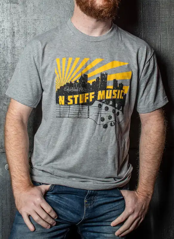 N Stuff PGH Skyline Design on Heather Grey T-Shirt Money Back Guarantee