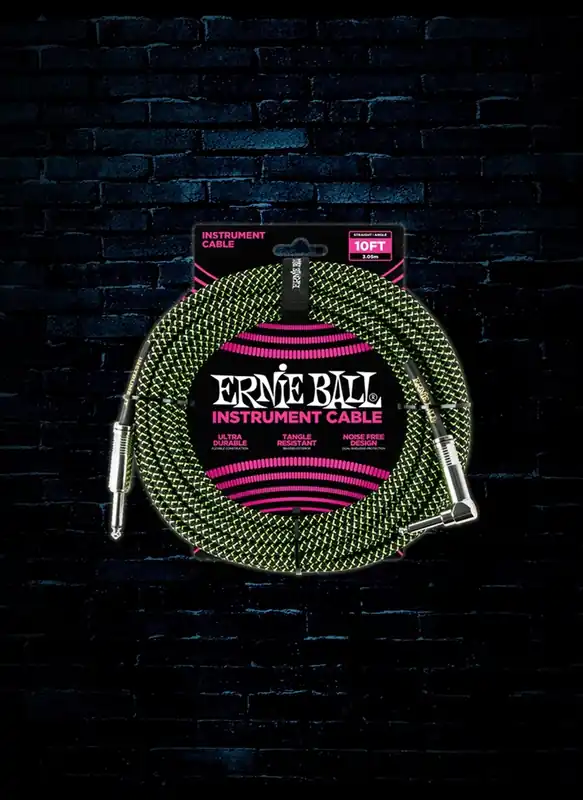 Ernie Ball 10' Braided Straight to Angle Instrument Cable - Black/Green Free Returns
