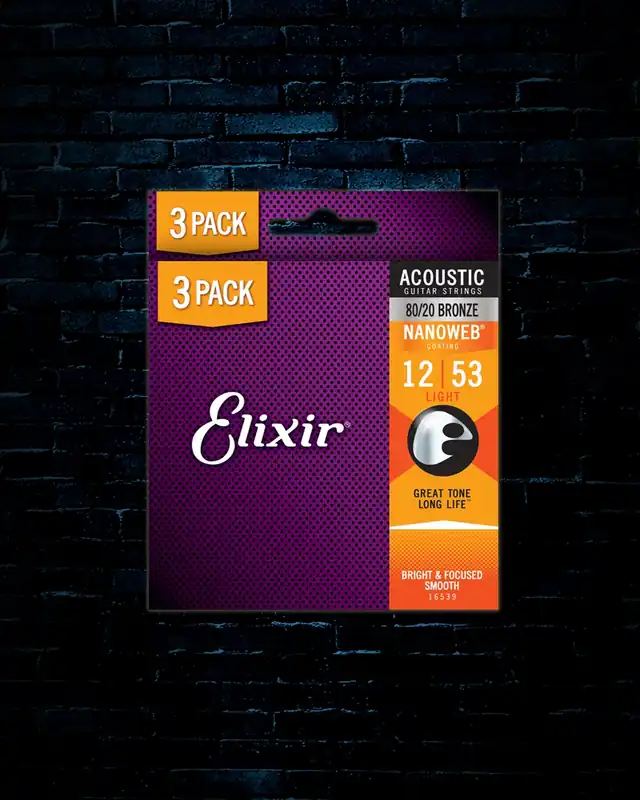 Money Back Guarantee Elixir 16539 Nanoweb 80/20 Bronze Acoustic Strings (3 Pack) - Light (12-53)