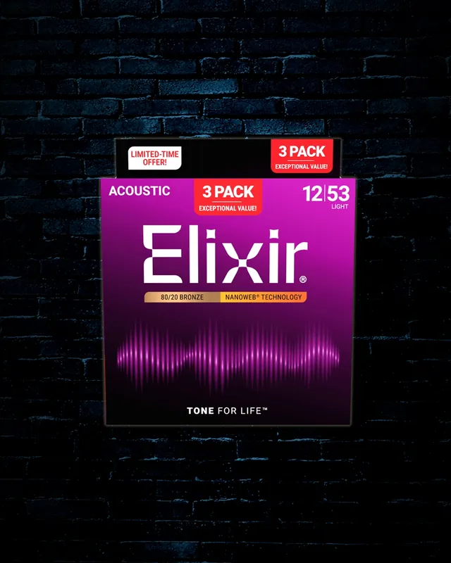 Elixir 11052 Nanoweb 80/20 Bronze Acoustic Strings (3 Pack) - Light (12-53) Factory Price