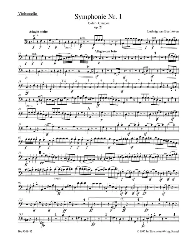 Clearance: Beethoven Symphony Nr. 1 C major op. 21 - Cello Part Premium