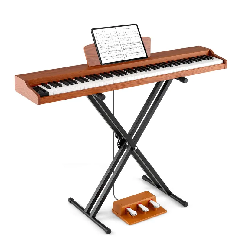 Costway - 88-Key Keyboard Piano Set with Adjustable Stand & 2 Keyboard Mode 2 Speakers - Brown Hot Picks