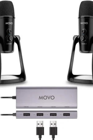 Best Seller MOVO - USB Podcast Equipment Bundle for 2 with USB Interface with 2 Condenser Microphones