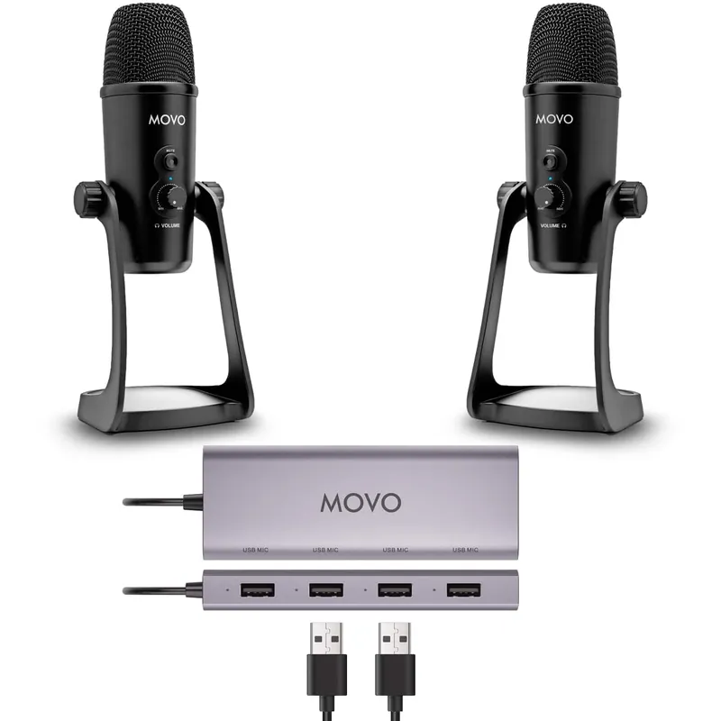 Best Seller MOVO - USB Podcast Equipment Bundle for 2 with USB Interface with 2 Condenser Microphones