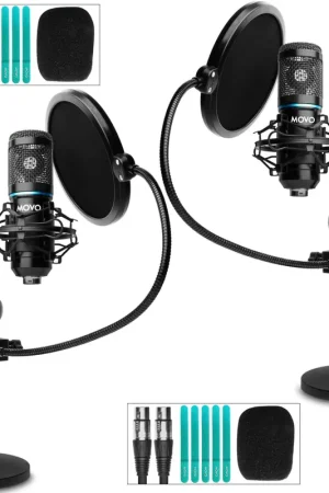 Secure Checkout MOVO - 2-Pack Universal Cardioid Podcasting Microphone Bundle with Tabletop Mic Stand and Pop Filter for XLR Outputs