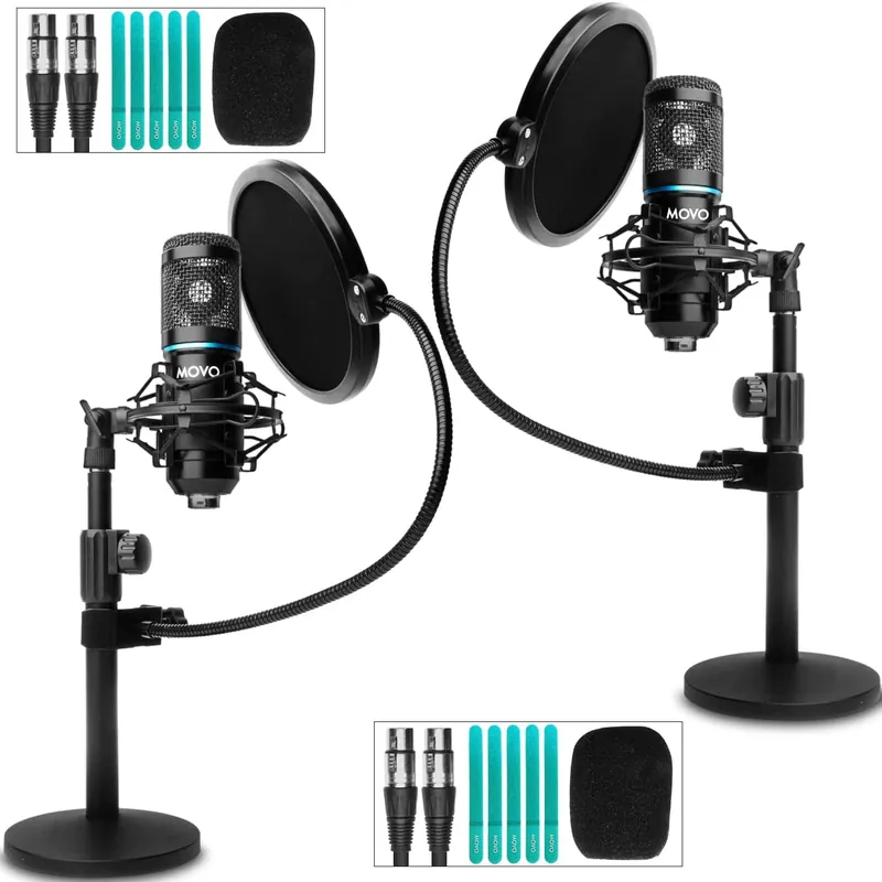 Secure Checkout MOVO - 2-Pack Universal Cardioid Podcasting Microphone Bundle with Tabletop Mic Stand and Pop Filter for XLR Outputs