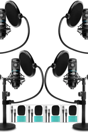 One Day Deal MOVO - 4-Pack Universal Cardioid Podcasting Microphone Bundle with Tabletop Mic Stand and Pop Filter, for XLR Outputs