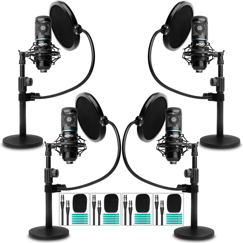 One Day Deal MOVO - 4-Pack Universal Cardioid Podcasting Microphone Bundle with Tabletop Mic Stand and Pop Filter, for XLR Outputs