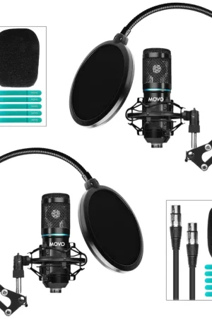 MOVO - 2-Pack Universal Cardioid Podcasting Microphone Bundle with Articulating Scissor Arm and Pop Filter for XLR Outputs Must Have