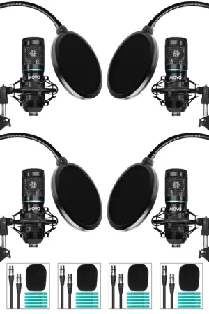 MOVO - 4-Pack Universal Cardioid Podcasting Microphone Bundle with Articulating Scissor Arm and Pop Filter for XLR Outputs Seasonal Sale