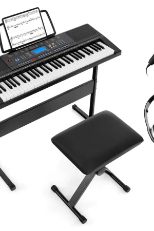 Latest Costway - Sonart 61-Key Electronic Keyboard Piano Starter Set Toy w/Stand Bench Headphones - Black,White